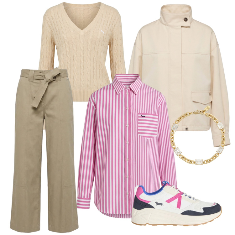 Outfit donna - Preppy Layers. Stile Preppy per Tutti i giorni. Abbinamento con sneakers, pullovers, bomber, camicie, pantaloni, braccialetti.