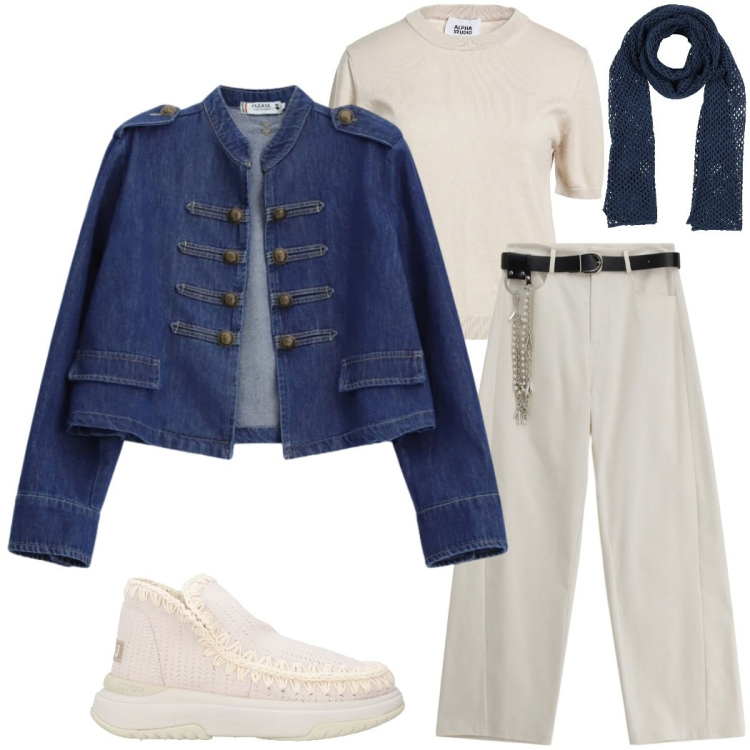 Outfit donna - Giacca stile Napoleone. Stile Casual chic per Tutti i giorni. Abbinamento con stivaletti, pullovers, sciarpe, blazer, pantaloni a palazzo.