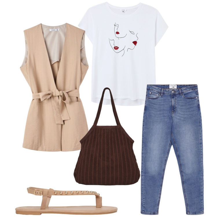 Outfit donna - Total look #2381137. Stile Minimal per Tutti i giorni. Abbinamento con gilet, shopping bag, jeans skinny, ciabatte, t-shirt.