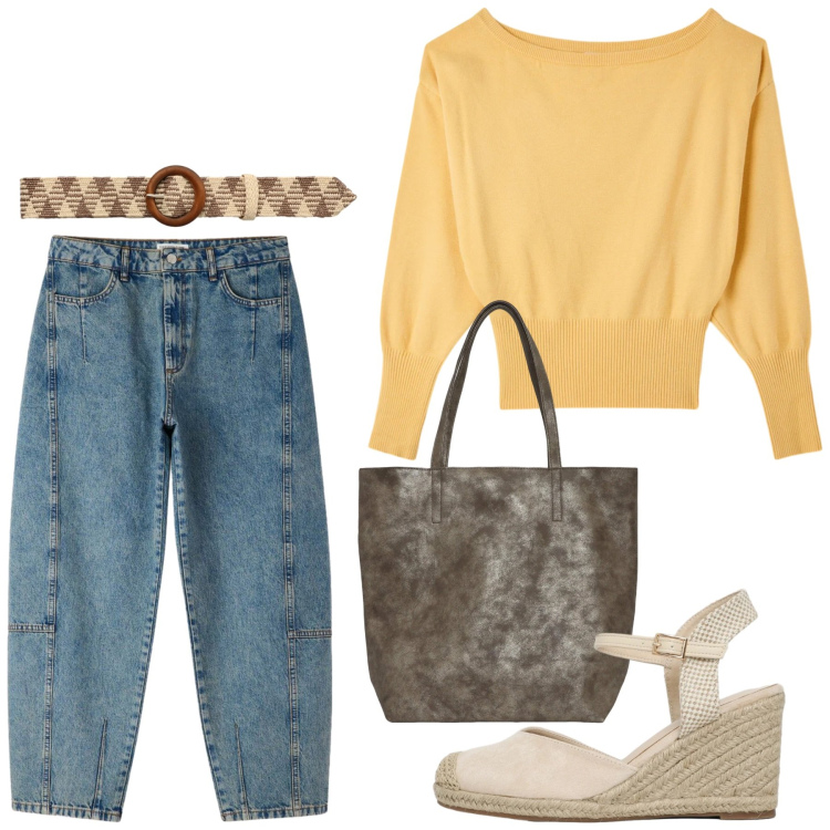 Outfit donna - Total look #2381138. Stile Minimal per Tutti i giorni. Abbinamento con pullovers, jeans, cinture, shopping bag, zeppe.