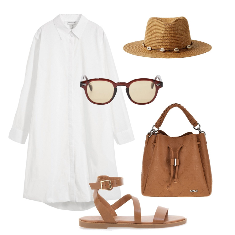 Outfit donna - Lo chemisier a palloncino. Stile Trendy per Tutti i giorni. Abbinamento con vestiti chemisier, cappelli, occhiali da sole, borse a tracolla, sandali in pelle.