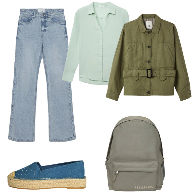 Outfit donna - Terranova spring. Stile Basic per Tutti i giorni. Abbinamento con cappotti, jeans bootcut, camicie, zaini, espadrillas.