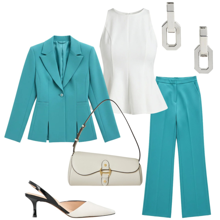 Outfit donna - Total look #2381141. Stile Chic per Cerimonia. Abbinamento con décolleté, canottiere, pantaloni a palazzo, blazer, borse a spalla, orecchini.