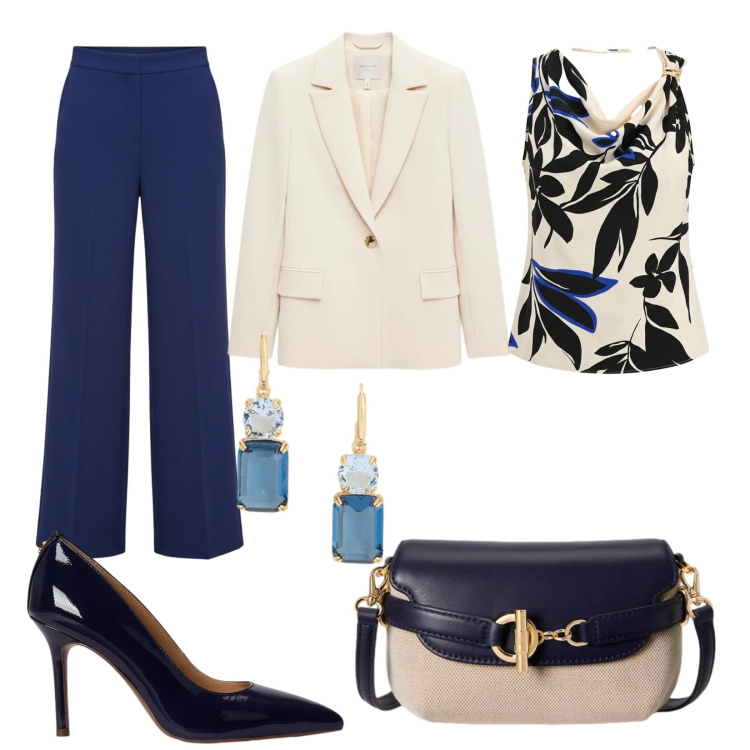 Outfit donna - Tailleur rinascimento. Stile Chic per Cerimonia. Abbinamento con canottiere, blazer, pantaloni a palazzo, orecchini, borse a tracolla, décolleté.