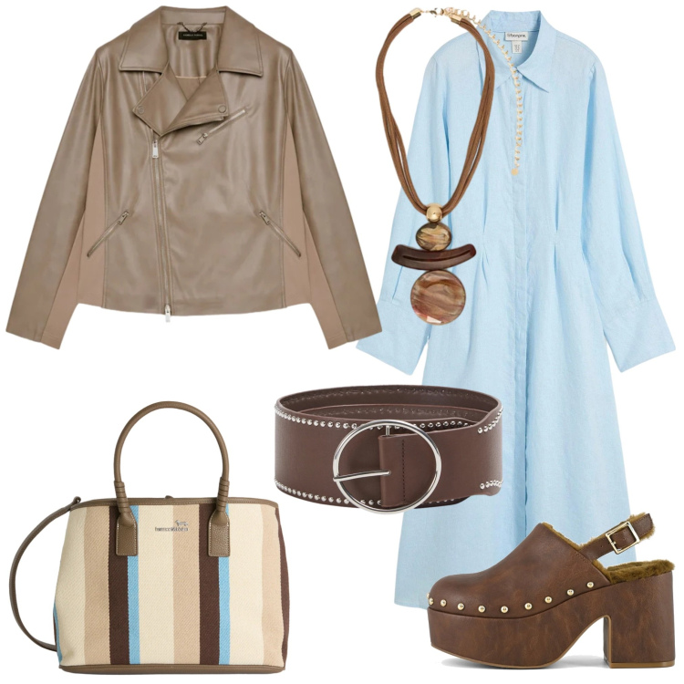Outfit donna - Terra e cielo. Stile Glamour per Tutti i giorni. Abbinamento con vestiti chemisier, cinture, blazer, ciondoli, shopping bag, sabot.