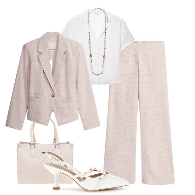 Outfit donna - Principe di Galles leggero. Stile Glamour per Ufficio. Abbinamento con pantaloni, blazer, collane, camicie a manica corta, décolleté, borse a tracolla.