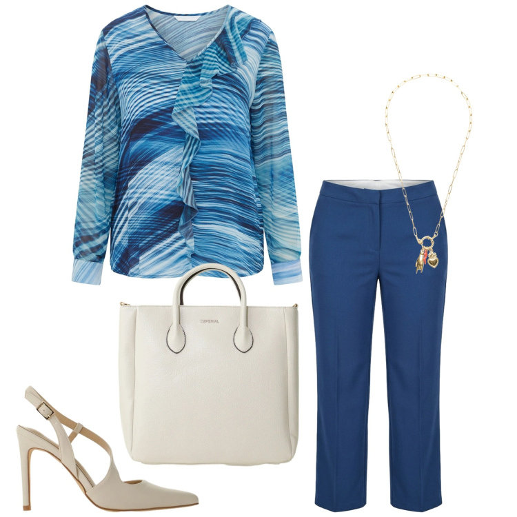 Outfit donna - Total look #2381149. Stile Romantica per Ufficio. Abbinamento con décolleté, borse a tracolla, pantaloni, bluse, ciondoli.