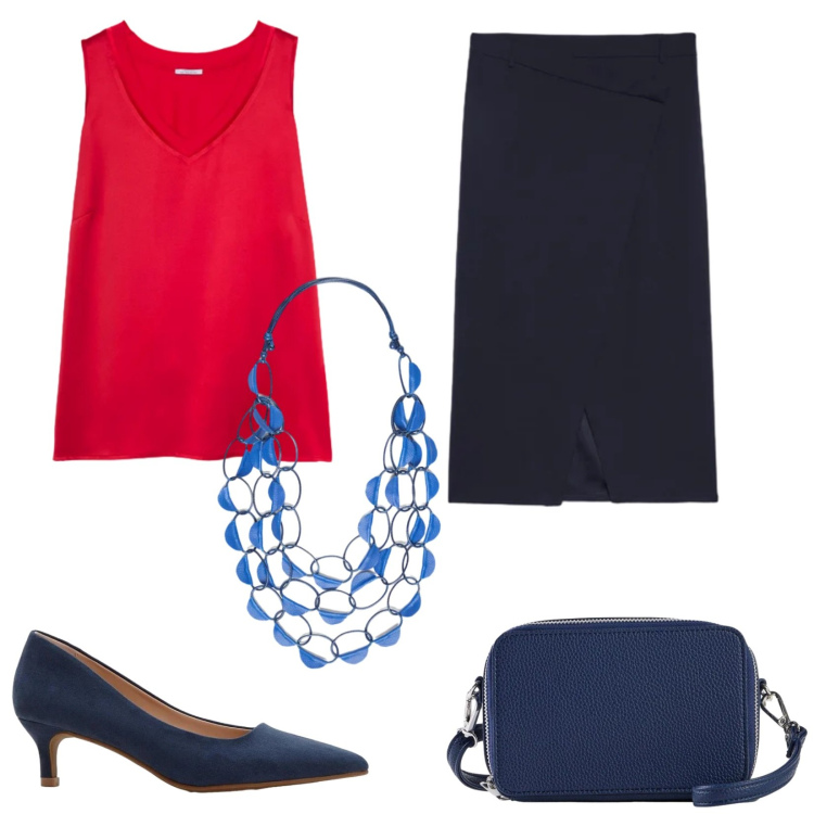 Outfit donna - Curve in movimento. Stile Bon Ton per Ufficio. Abbinamento con décolleté, borse a tracolla, gonne longuette, top, collane.