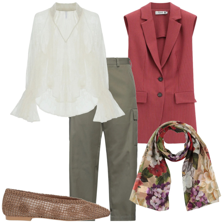 Outfit donna - Aprile. Stile Romantica per Ufficio. Abbinamento con pantaloni cargo, sciarpe, ballerine, gilet, bluse.