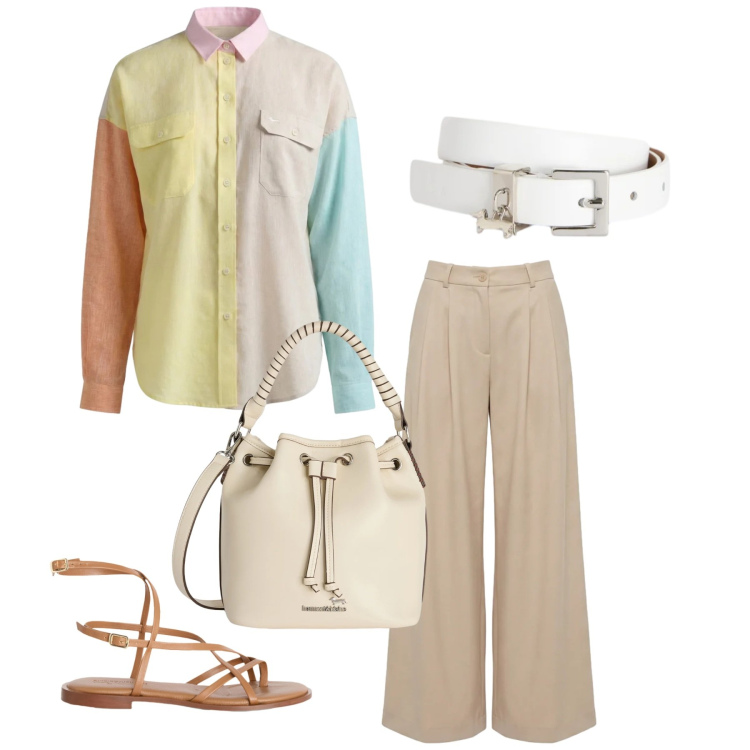 Outfit donna - Total look #2381152. Stile Preppy per Ufficio. Abbinamento con sandali in pelle, camicie, borse a secchiello, cinture, pantaloni.