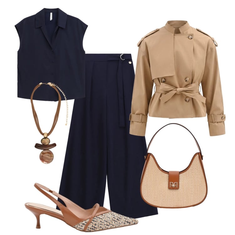 Outfit donna - Beige e blu chic rilassato. Stile Glamour per Tutti i giorni. Abbinamento con camicie a manica corta, pantaloni a palazzo, caban, borse a spalla, décolleté, ciondoli.