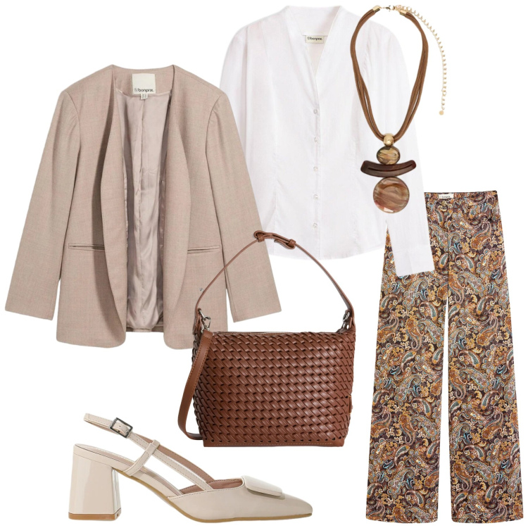 Outfit donna - Total look #2381164. Stile Etnico per Ufficio. Abbinamento con pantaloni, blazer, camicie, décolleté, ciondoli, borse a spalla.