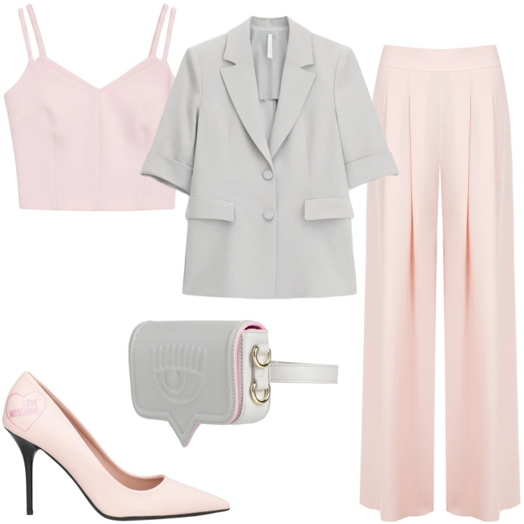 Outfit donna - Fresco Blazer. Stile Casual chic per Serata fuori. Abbinamento con marsupi, décolleté, blazer, pantaloni a palazzo, top.