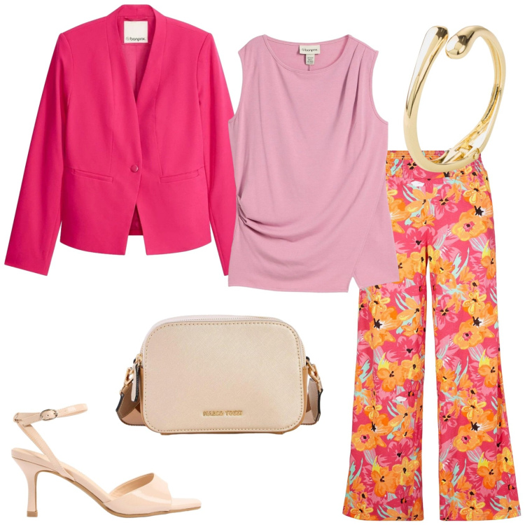 Outfit donna - Bonprix - Cool Spring. Stile Trendy per Tutti i giorni. Abbinamento con pantaloni a palazzo, top, borse a tracolla, braccialetti, blazer, sandali col tacco.