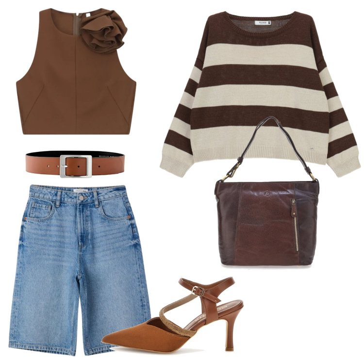 Outfit donna - Domenica al centro commerciale. Stile Casual chic per Tutti i giorni. Abbinamento con cinture, bermuda, top, maglieria, décolleté, borse a spalla.