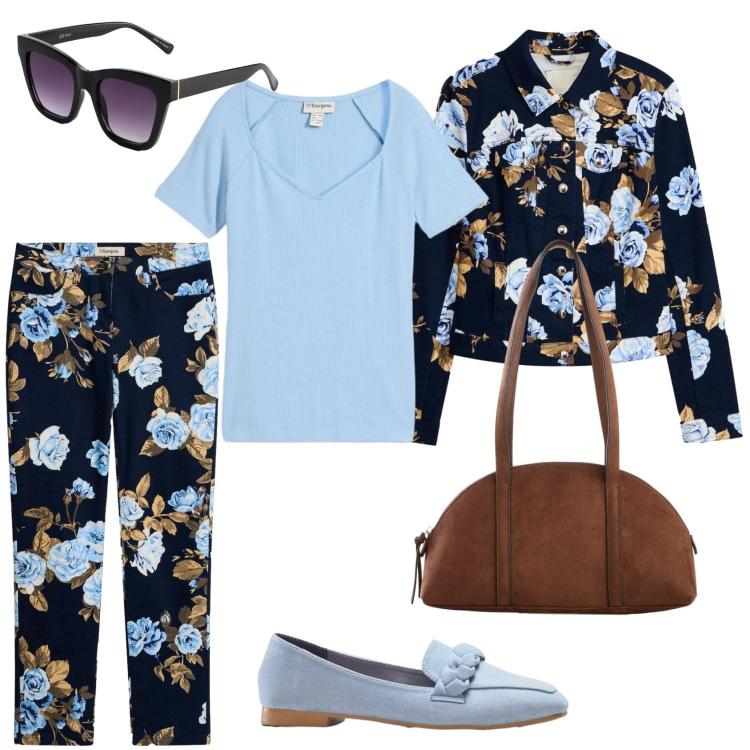 Outfit donna - Il completo Bonprix. Stile Trendy per Tutti i giorni. Abbinamento con t-shirt, blazer, mocassini, borse a tracolla, pantaloni, occhiali da sole.