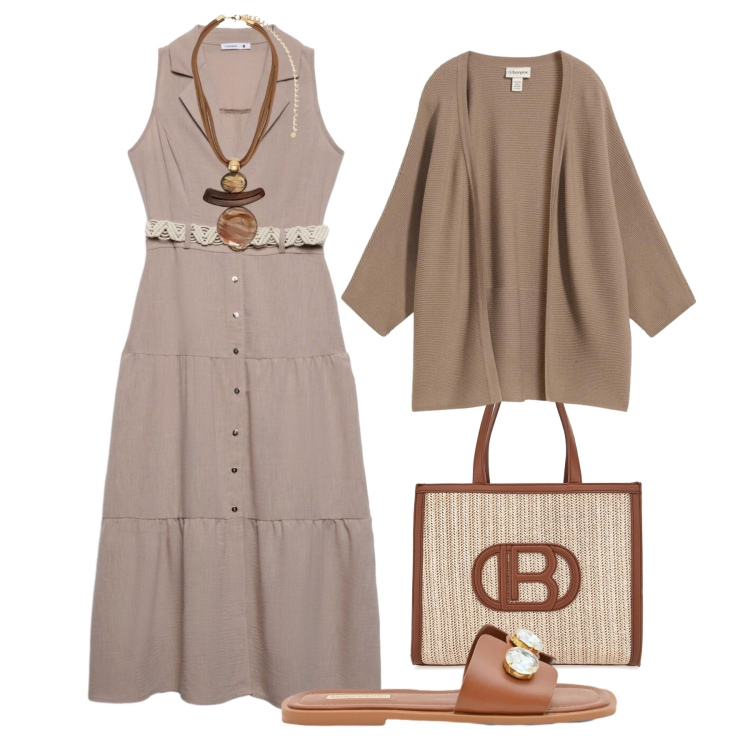 Outfit donna - Lo chemisier in città. Stile Trendy per Tutti i giorni. Abbinamento con cardigans, vestiti chemisier, ciondoli, sandali gioiello, borse a spalla.
