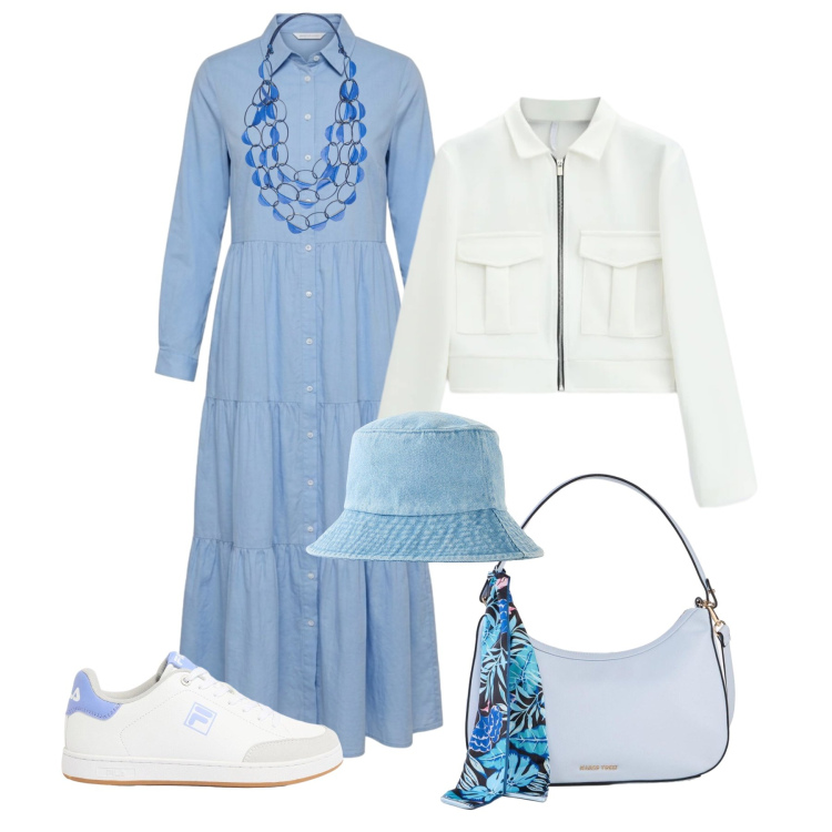Outfit donna - Chemisier e sneakers. Stile Trendy per Tutti i giorni. Abbinamento con cappelli, borse a mano, sneakers, vestiti chemisier, collane, cappotti.