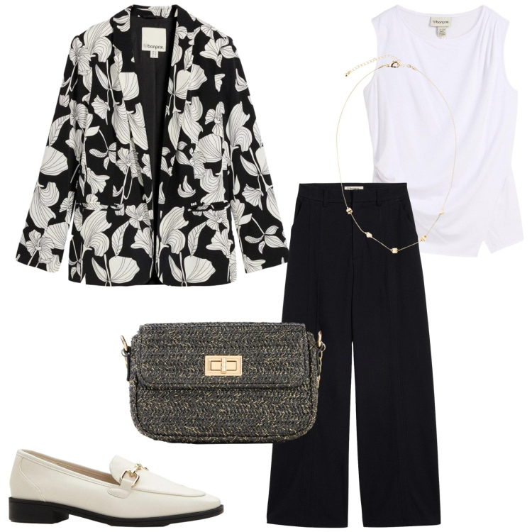 Outfit donna - Il completo di primavera. Stile Trendy per Serata fuori. Abbinamento con top, blazer, mocassini, borse a tracolla, pantaloni, collane.
