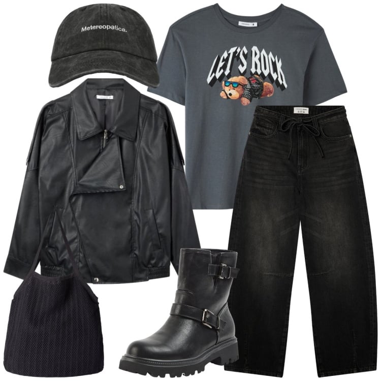 Outfit donna - Metereopatica. Stile Sporty chic per Tutti i giorni. Abbinamento con t-shirt, cappelli con visiera, stivaletti, jeans, giacche, shopping bag.