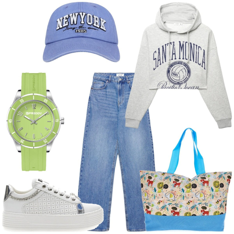 Outfit donna - Aprile. Stile Basic per Tutti i giorni. Abbinamento con felpe con cappuccio, cappelli, jeans, orologi, sneakers, borse tote.
