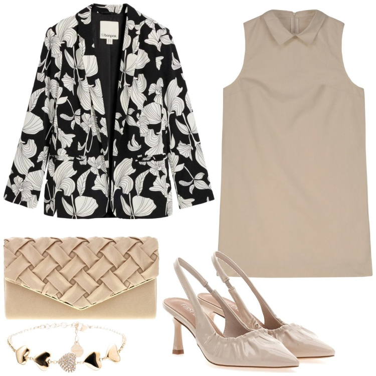 Outfit donna - Cresima. Stile Basic per Tutti i giorni. Abbinamento con blazer, braccialetti, vestiti a tubino, décolleté, pochette.