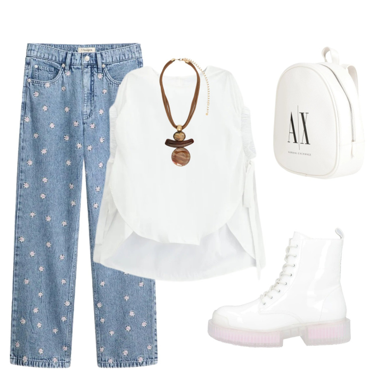 Outfit donna - La blusa ampia. Stile Sporty chic per Tutti i giorni. Abbinamento con stivaletti, zaini, jeans dritti, ciondoli, bluse.