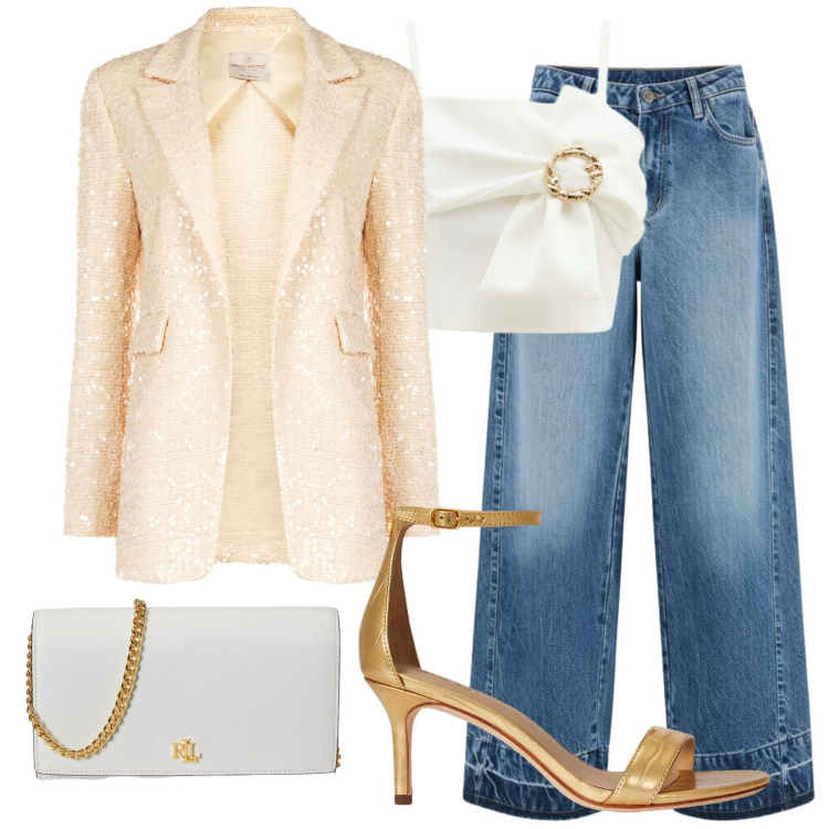 Outfit donna - Sportivamente in tailleur. Stile Glamour per Serata fuori. Abbinamento con jeans dritti, blazer, top, sandali in pelle, borse a tracolla.