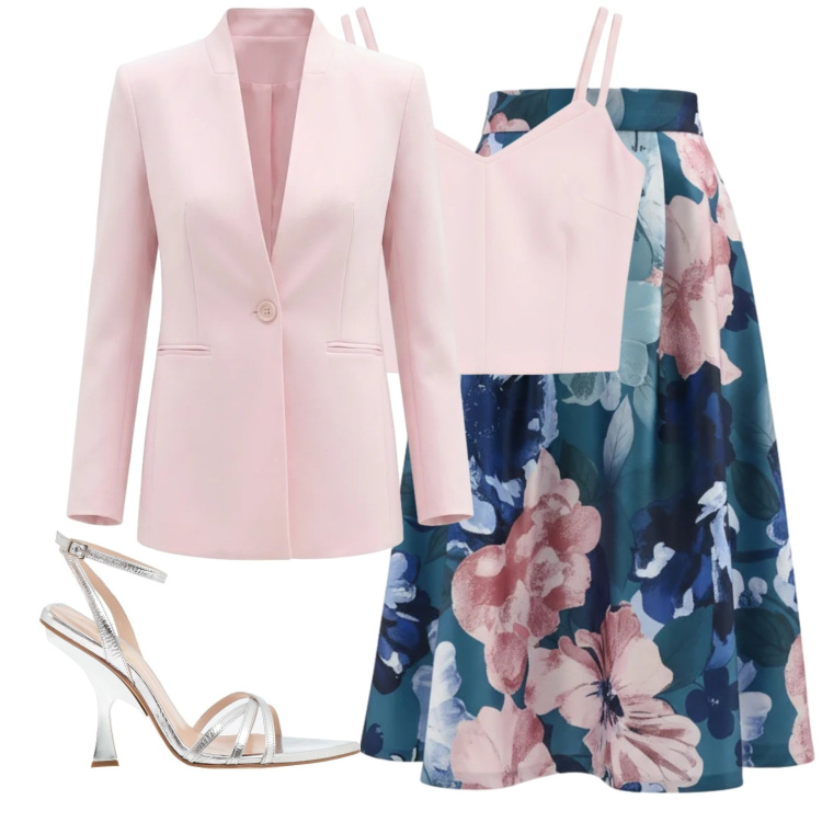 Outfit donna - Delicatamente rosa e fiori. Stile Chic per Cerimonia. Abbinamento con sandali in pelle, gonne longuette, top, blazer.