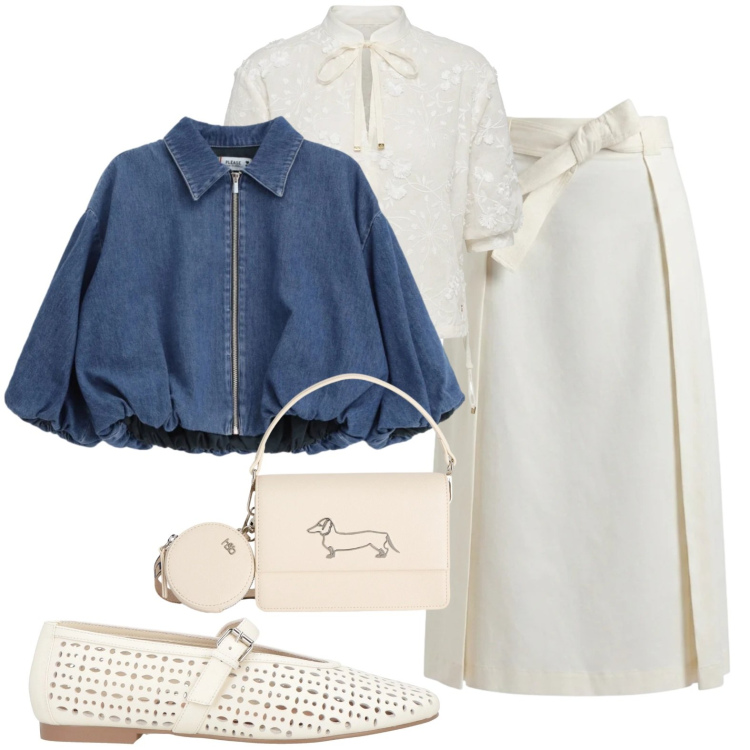 Outfit donna - Blouson in jeans. Stile Bon Ton per Tutti i giorni. Abbinamento con ballerine, blazer, gonne longuette, bluse, borse a tracolla.