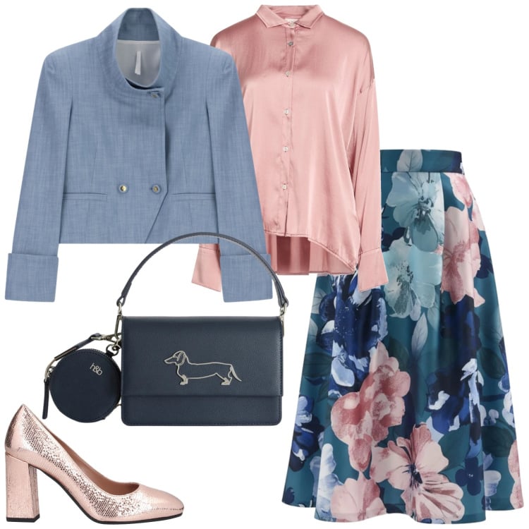 Outfit donna - Aperitivo floreale. Stile Casual chic per Serata fuori. Abbinamento con décolleté, camicie, borse a tracolla, cappotti, gonne longuette.