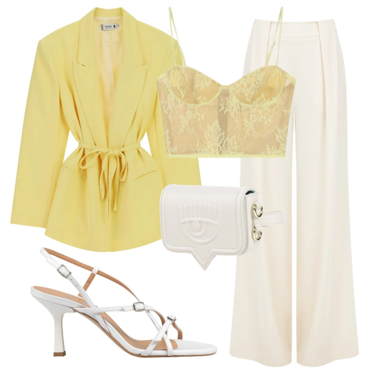 Outfit donna - Blazer e top. Stile Glamour per Serata fuori. Abbinamento con marsupi, sandali in pelle, canottiere, pantaloni a palazzo, blazer.