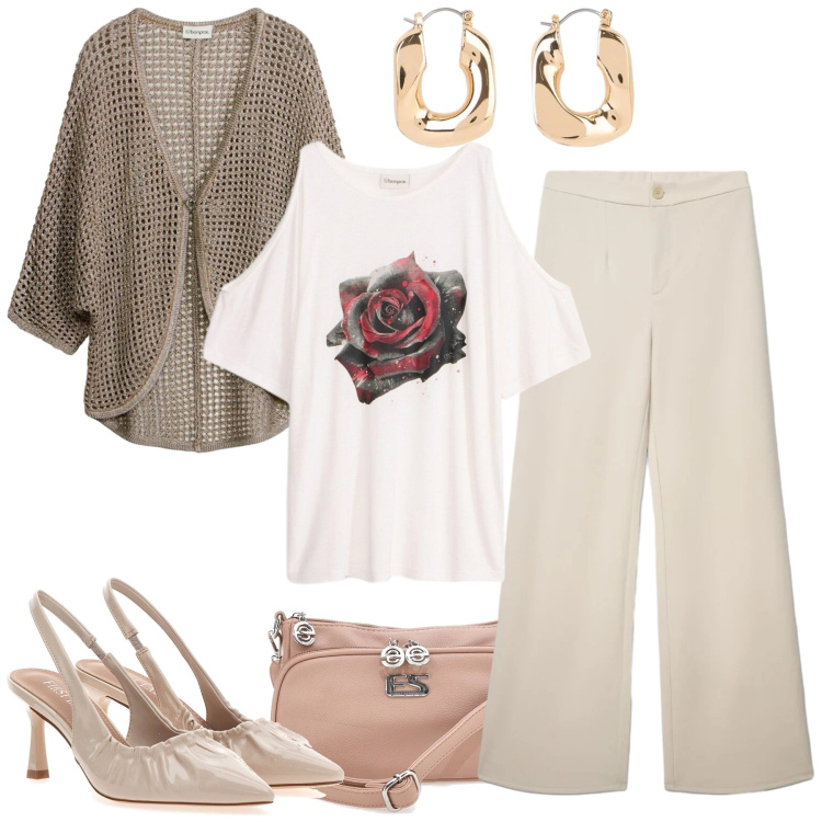 Outfit donna - Al lavoro. Stile Casual per Ufficio. Abbinamento con bluse, cardigans, orecchini, pantaloni, décolleté, borse a tracolla.