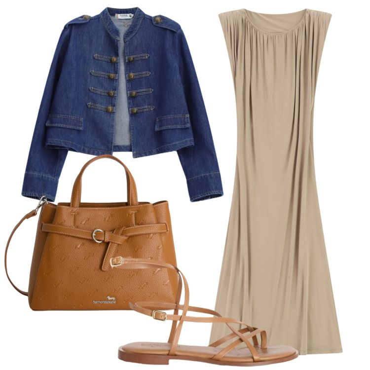 Outfit donna - Giacca in denim corta con decorazioni. Stile Casual chic per Tutti i giorni. Abbinamento con vestiti lunghi, blazer, borse a mano, sandali in pelle.