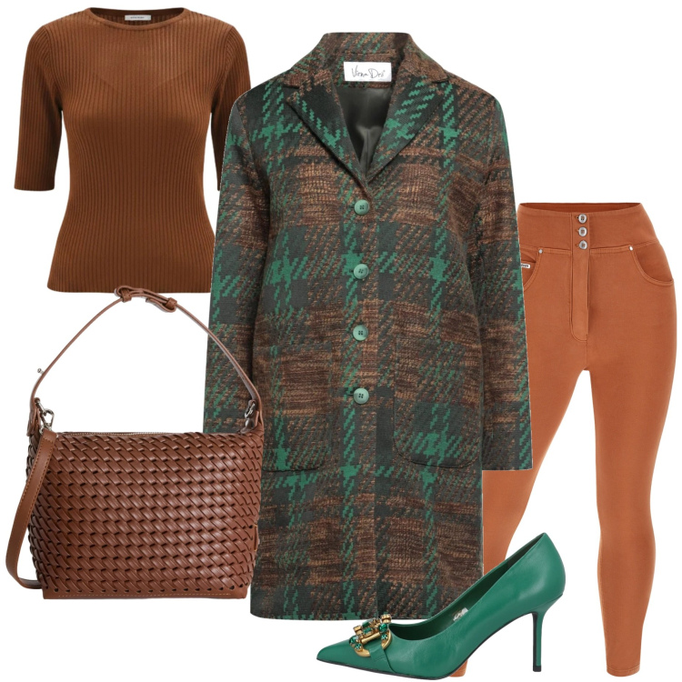 Outfit donna - Armocromia autunno caldo. Stile Casual per Tutti i giorni. Abbinamento con décolleté, cappotti, t-shirt, borse a spalla, pantaloni skinny.