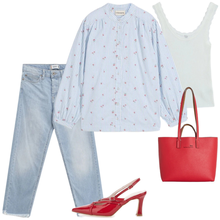Outfit donna - Estate soft. Stile Casual per Tutti i giorni. Abbinamento con camicie, canottiere, jeans, shopping bag, décolleté.