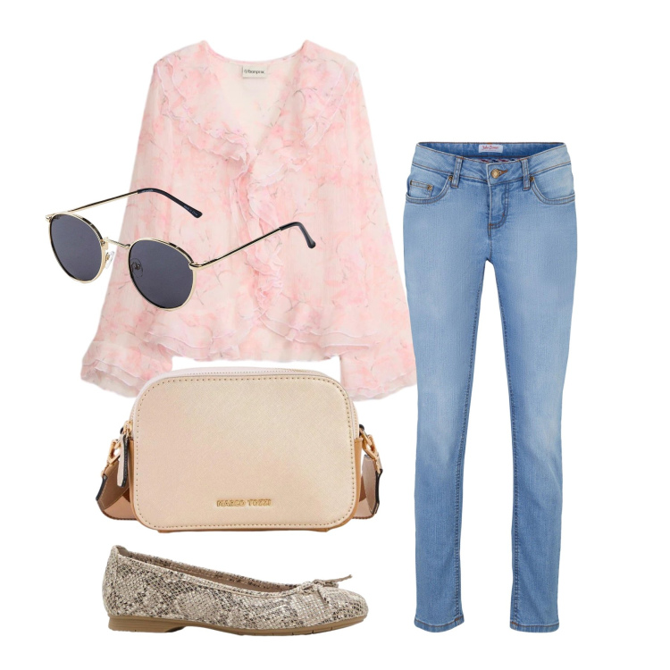 Outfit donna - Aprile. Stile Casual per Tutti i giorni. Abbinamento con bluse, ballerine, jeans skinny, occhiali da sole, borse a tracolla.