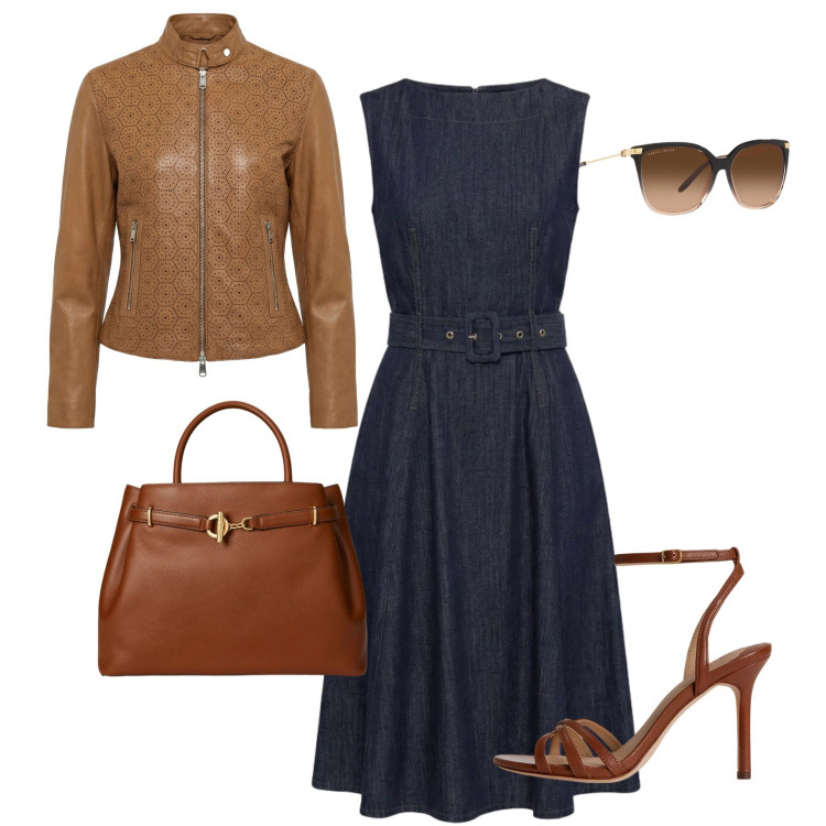 Outfit donna - Denim e cuoio. Stile Casual per Tutti i giorni. Abbinamento con vestiti, giacche, sandali in pelle, occhiali da sole, borse a mano.