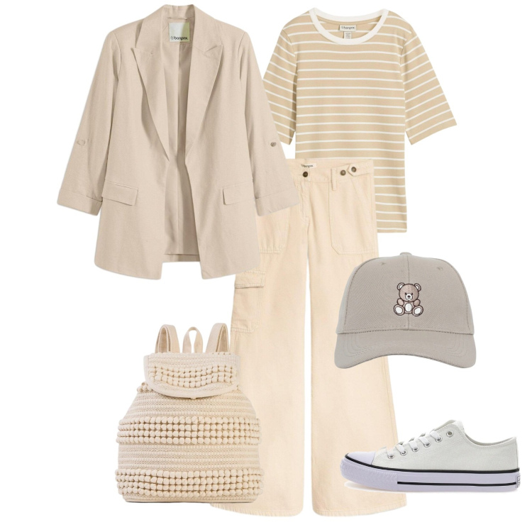 Outfit donna - Voglia di coccole. Stile Casual chic per Tutti i giorni. Abbinamento con t-shirt, blazer, pantaloni cargo, zaini, cappelli con visiera, sneakers.