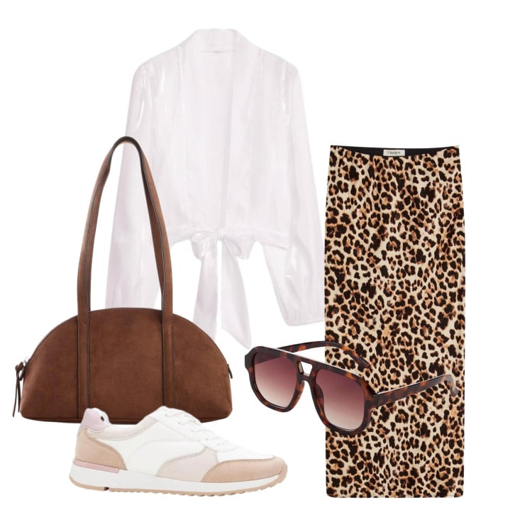 Outfit donna - Aprile. Stile Glamour per Tutti i giorni. Abbinamento con gonne longuette, bolero, tute, sneakers, occhiali da sole, borse a tracolla.
