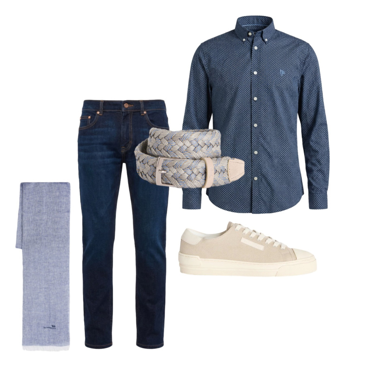 Outfit uomo - Aprile. Stile Trendy per Tutti i giorni. Abbinamento con sneakers, sciarpe, jeans, camicie, cinture.