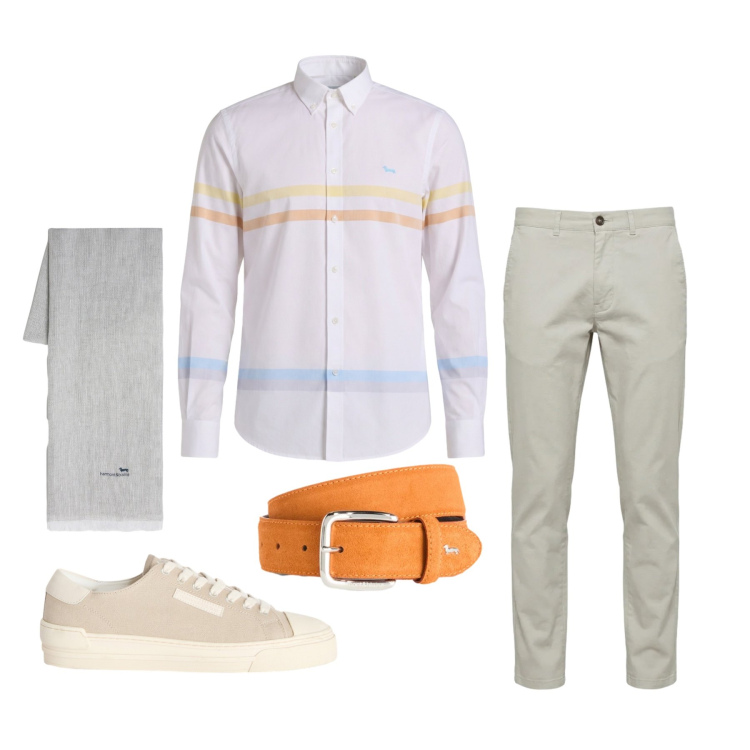 Outfit uomo - Aprile. Stile Trendy per Tutti i giorni. Abbinamento con sneakers, cinture, sciarpe, camicie, pantaloni.