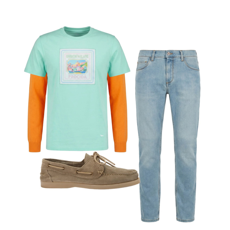 Outfit uomo - Aprile. Stile Trendy per Tutti i giorni. Abbinamento con jeans slim fit, pullovers, scarpe stringate, t-shirt.
