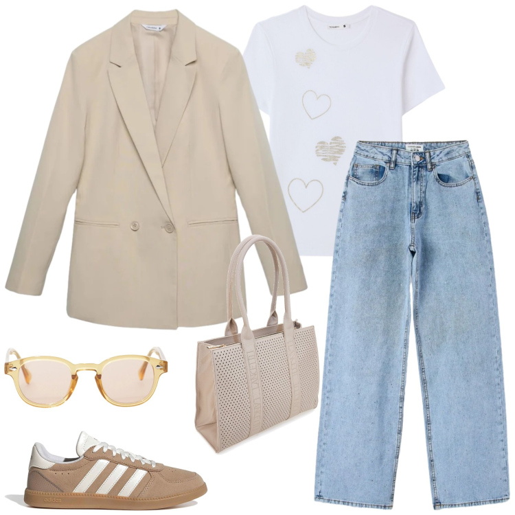 Outfit donna - Casual Chic Neutro con Tocco Romantico. Stile Casual per Tutti i giorni. Abbinamento con jeans, blazer, t-shirt, occhiali da sole, sneakers, borse a spalla.