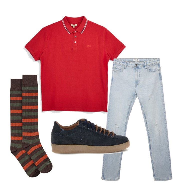 Outfit uomo - Aprile. Stile Trendy per Tutti i giorni. Abbinamento con jeans strappati, calzini, polo, sneakers.
