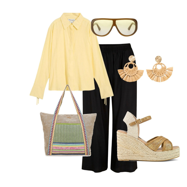 Outfit donna - Total look #2381240. Stile Casual chic per Tutti i giorni. Abbinamento con pantaloni capri, camicie, orecchini, occhiali da sole, zeppe, shopping bag.