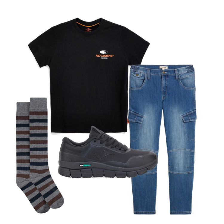 Outfit uomo - Aprile. Stile Trendy per Tutti i giorni. Abbinamento con jeans dritti, calzini, t-shirt, sneakers.