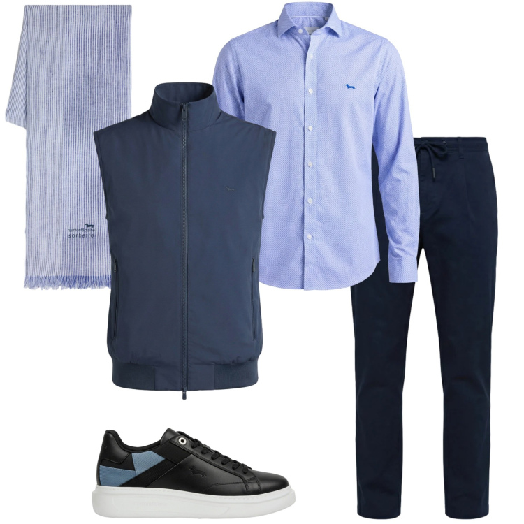 Outfit uomo - Harmont & Blaine. Stile Urban per Ufficio. Abbinamento con sciarpe, camicie, sneakers, gilet, pantaloni.