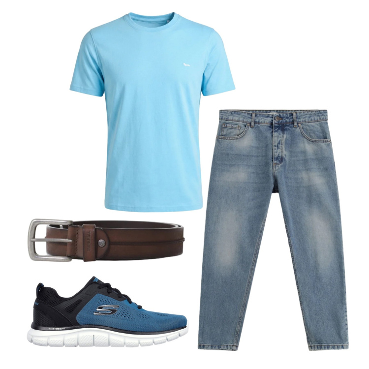 Outfit uomo - Aprile. Stile Trendy per Tutti i giorni. Abbinamento con t-shirt, jeans, cinture, sneakers.
