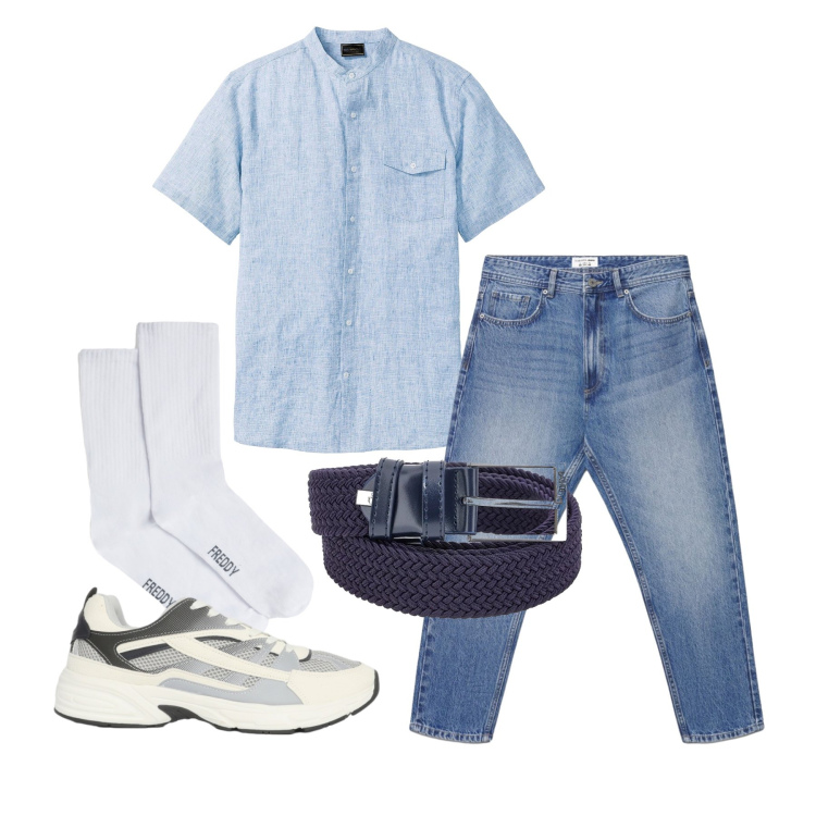 Outfit uomo - Aprile. Stile Trendy per Tutti i giorni. Abbinamento con camicie a manica corta, sneakers, jeans, calzini, cinture.